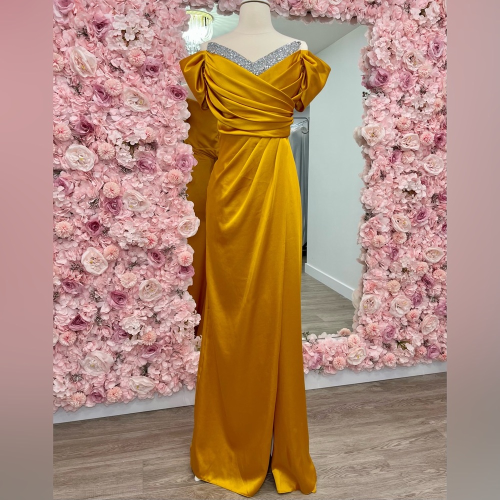 Elegant Yellow Off-Shoulder Dress with Silver Accents
